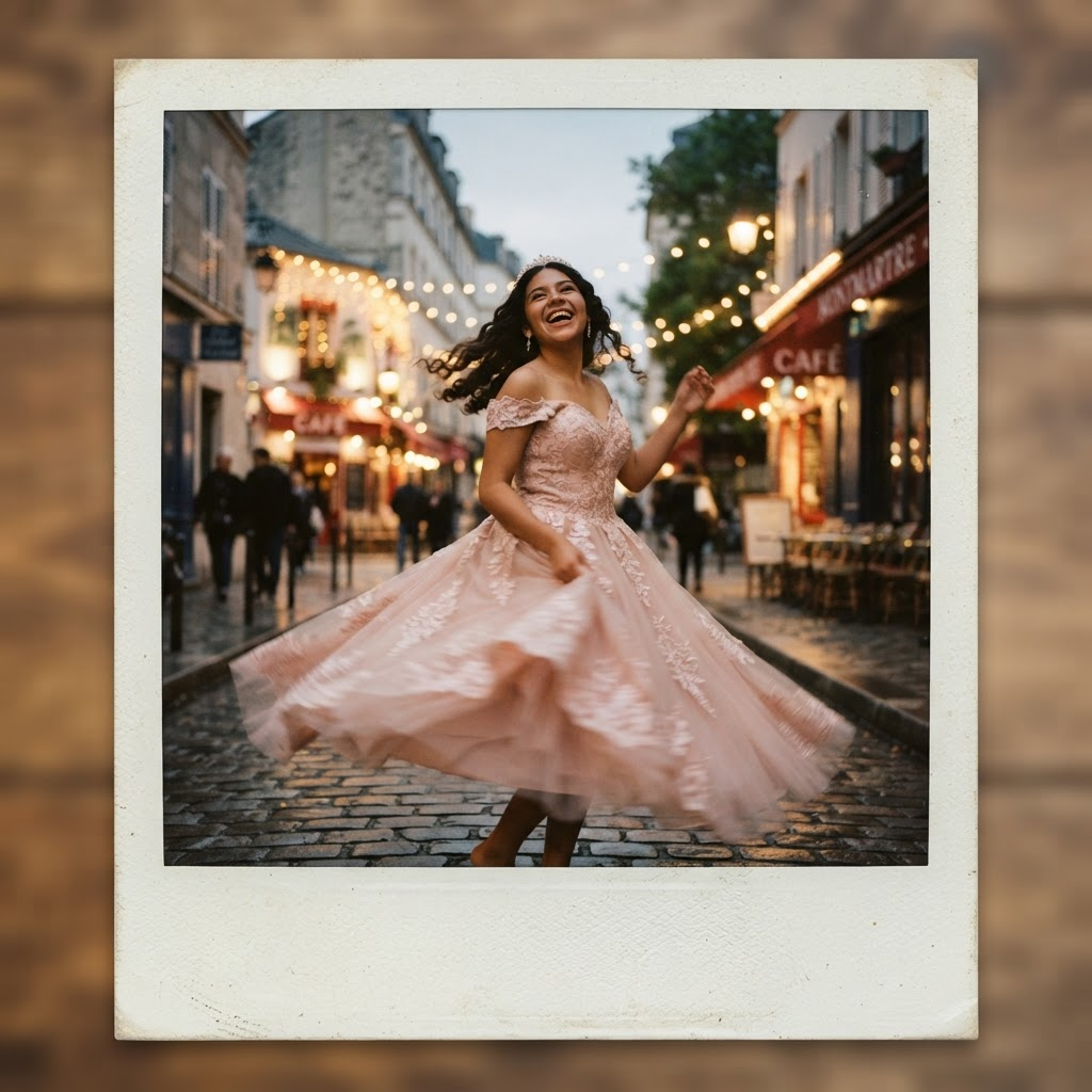 Elizabeth girando con su vestido en una calle de París