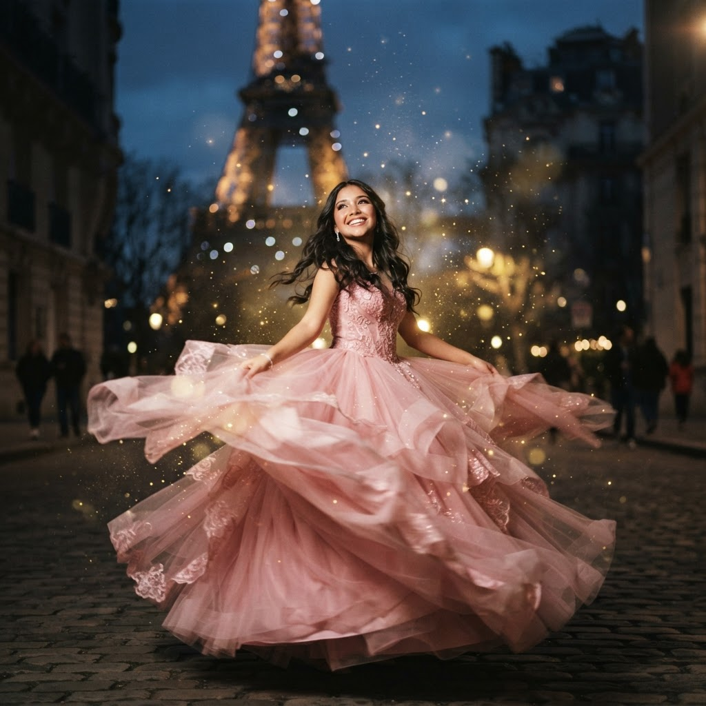 Elizabeth girando con vestido de tul rosa y luces doradas
